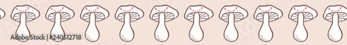 Cartoon white mushroom with happy smiling face. Cute hand drawn seamless vector border. Banner Illustration of childish fungi and toadstool for kids