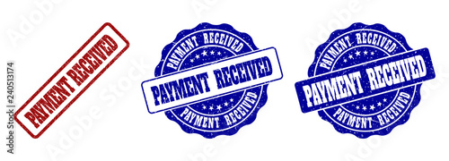 PAYMENT RECEIVED grunge stamp seals in red and blue colors. Vector PAYMENT RECEIVED imprints with distress surface. Graphic elements are rounded rectangles, rosettes, circles and text captions.