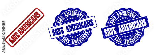 SAVE AMERICANS grunge stamp seals in red and blue colors. Vector SAVE AMERICANS labels with draft effect. Graphic elements are rounded rectangles, rosettes, circles and text labels.