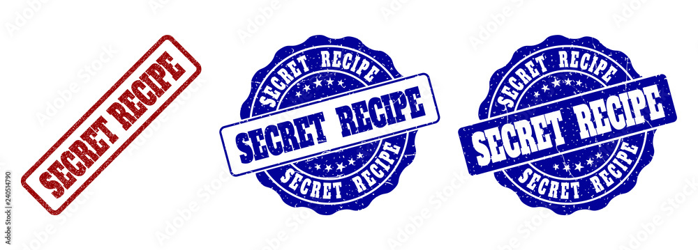 SECRET RECIPE grunge stamp seals in red and blue colors. Vector SECRET RECIPE watermarks with grunge surface. Graphic elements are rounded rectangles, rosettes, circles and text captions.