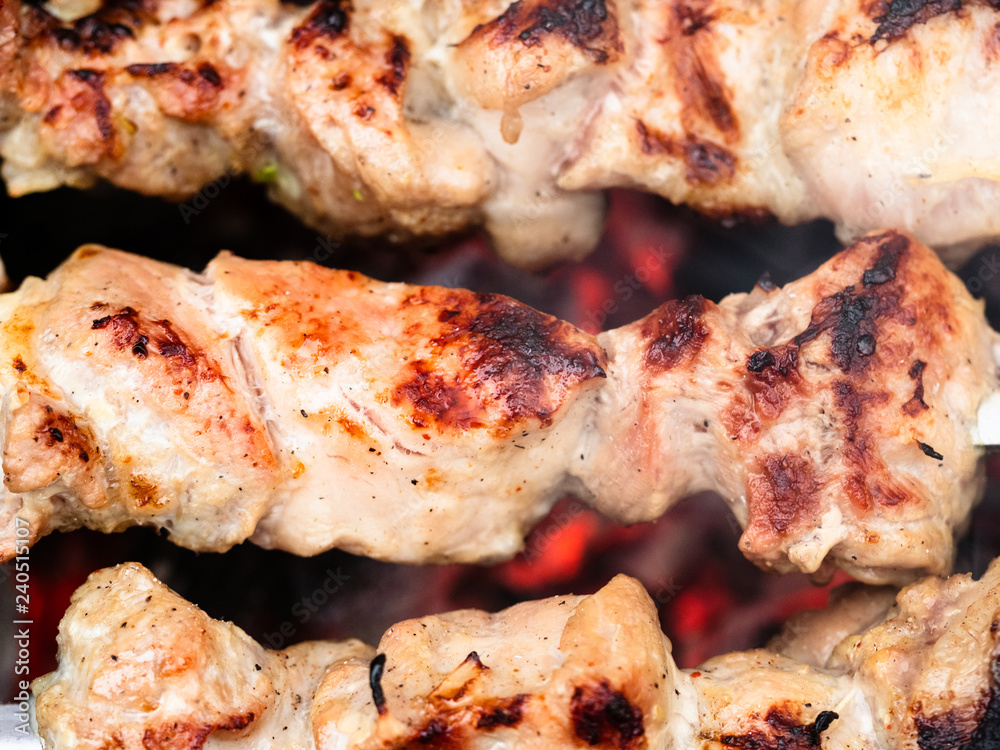 pork meat on sticks are roasted on the grill pork meat on sticks are roasted on the grill