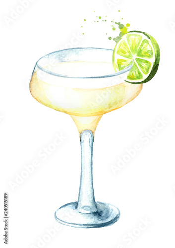 Alcohol cocktail Daiquiri with lime. Watercolor hand drawn illustration isolated on white background
