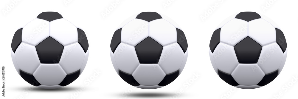 black and white soccer ball in three versions, with and without shadow. Isolated on white. 3d render.