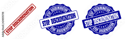 STOP DISCRIMINATION grunge stamp seals in red and blue colors. Vector STOP DISCRIMINATION labels with grunge surface. Graphic elements are rounded rectangles, rosettes, circles and text tags.
