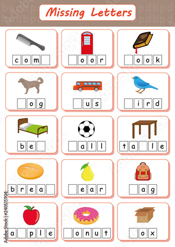 Missing letters, Find the missing letters and write them in relevant places, Worksheet for children,