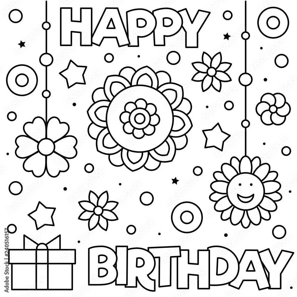 Happy Birthday. Coloring page. Black and white vector illustration ...