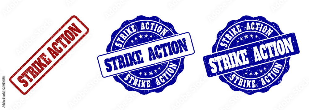 STRIKE ACTION grunge stamp seals in red and blue colors. Vector STRIKE ACTION labels with scratced texture. Graphic elements are rounded rectangles, rosettes, circles and text labels.