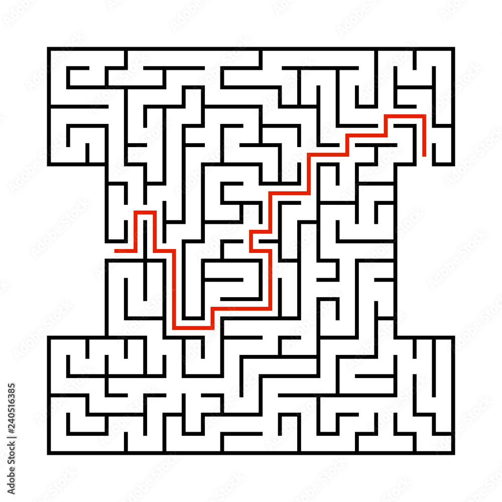 Abstract square maze. Game for kids. Puzzle for children. Labyrinth conundrum. Black flat vector illustration isolated on white background. With answer. Abstract square maze. Game for kids. Puzzle for children. Labyrinth conundrum. Black flat vector illustration isolated on white background. With answer.