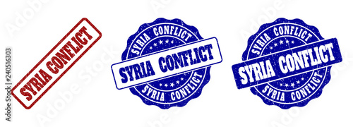 SYRIA CONFLICT grunge stamp seals in red and blue colors. Vector SYRIA CONFLICT labels with grunge surface. Graphic elements are rounded rectangles, rosettes, circles and text captions.