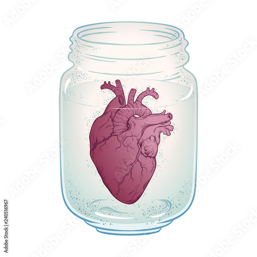 Human heart in glass jar isolated. Sticker, print or blackwork tattoo hand drawn vector illustration