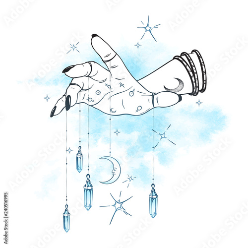 Female hand with gem pendants and moon hand drawn vector illustration. Boho chic astrology tattoo, poster, tapestry or altar veil print design.