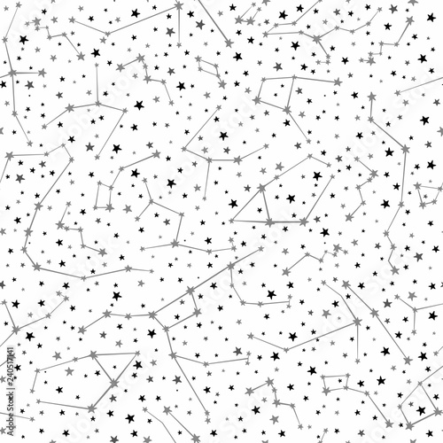 Seamless vector pattern with constellations and black and white stars of various sizes on white background. Sky map. Andromeda, Lacerta, Cygnus, Lyra, Hercules, Draco 1.1