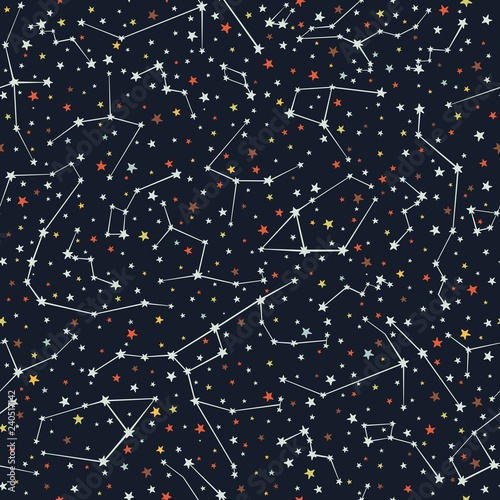 Seamless vector pattern with constellations and colored stars of various sizes on dark background. Sky map. Andromeda, Lacerta, Cygnus, Lyra, Hercules, Draco, Camelopardalis, Perseus, Cassiopeia 1.1