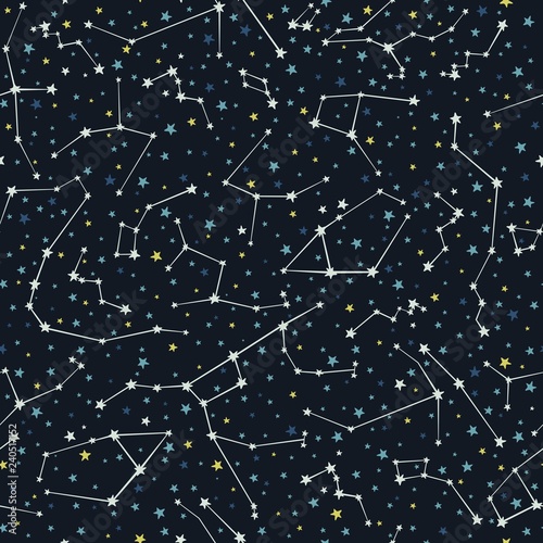 Seamless vector pattern with constellations and colored stars of various sizes on dark background. Sky map. Andromeda, Lacerta, Cygnus, Lyra, Hercules, Draco, Camelopardalis, Perseus, Cassiopeia 2.1