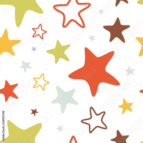 Seamless vector pattern with large colored stars of various sizes on white background. Childish background for postcards, wallpaper, papers, textiles, bed linen, tissue 1.1