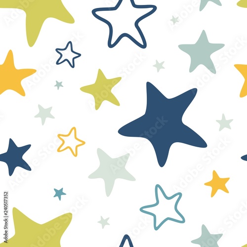 Seamless vector pattern with large colored stars of various sizes on white background. Childish background for postcards  wallpaper  papers  textiles  bed linen  tissue 2.1