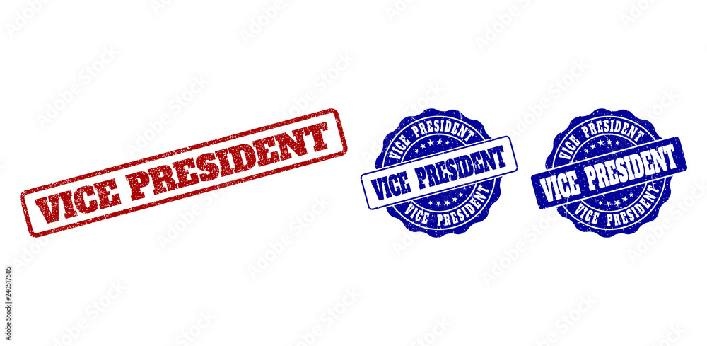 VICE PRESIDENT grunge stamp seals in red and blue colors. Vector VICE PRESIDENT imprints with grunge effect. Graphic elements are rounded rectangles, rosettes, circles and text captions.