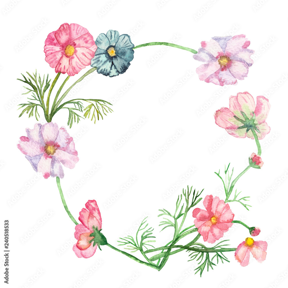Watercolor frame, composition delicate pink and blue flowers on green stems with needle leaves isolated on white background.