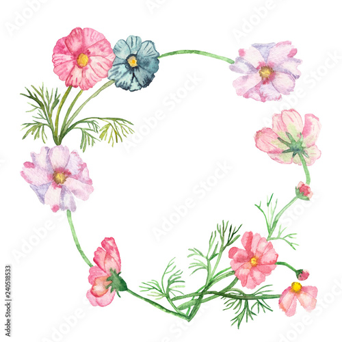 Fototapeta Naklejka Na Ścianę i Meble -  Watercolor frame, composition delicate pink and blue flowers on green stems with needle leaves isolated on white background.