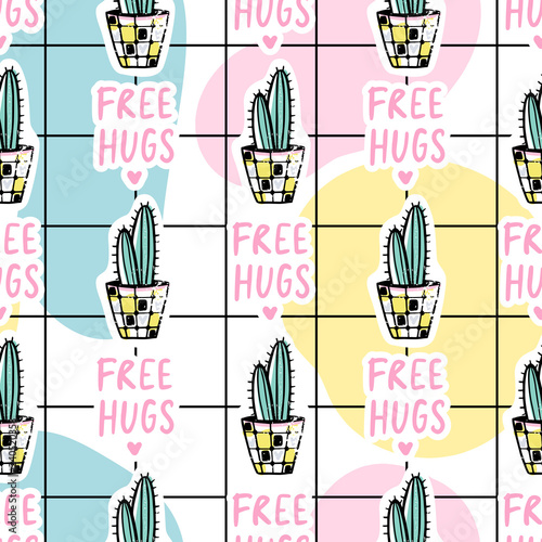 Vector hand drawn seamless pattern with cute cactus and abstract elements.