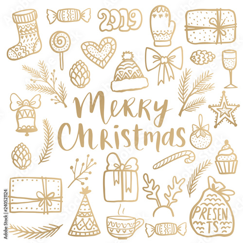 Golden Christmas line art set. Merry Christmas and Happy New Year