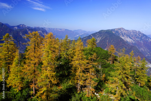 Scenic autumn landscape of the Austrian Alps from the Krippenstein of the Dachstein Mountains range in Obertraun  Austria  Europe