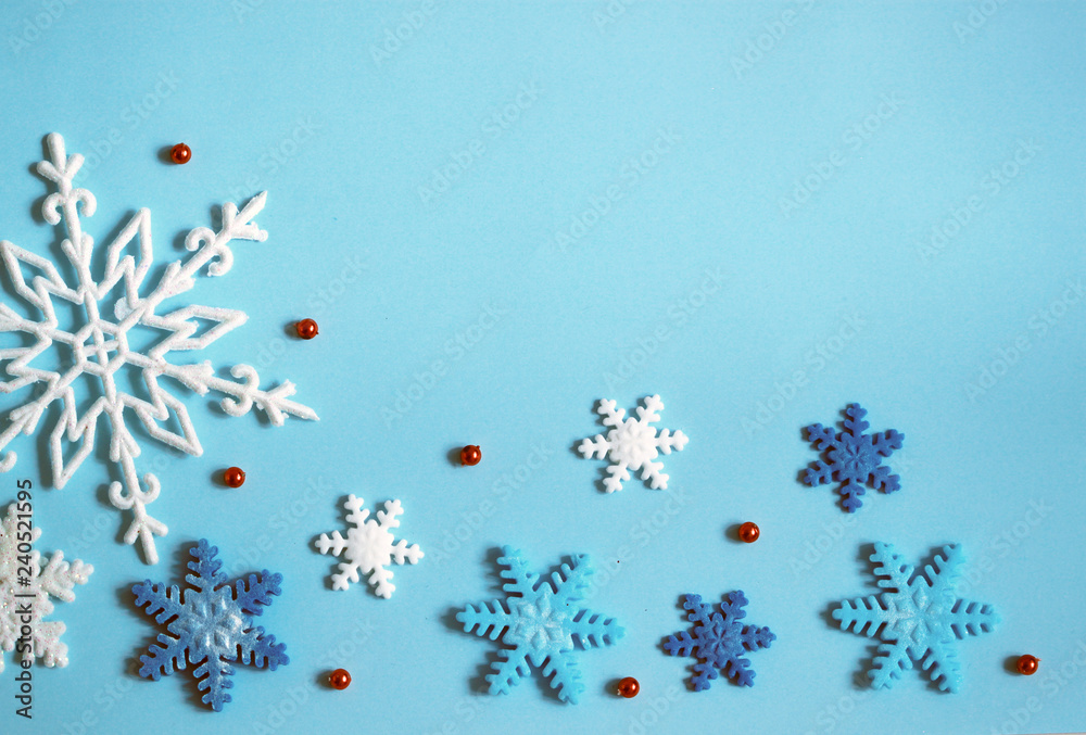 Winter background blue, snowflakes banner.