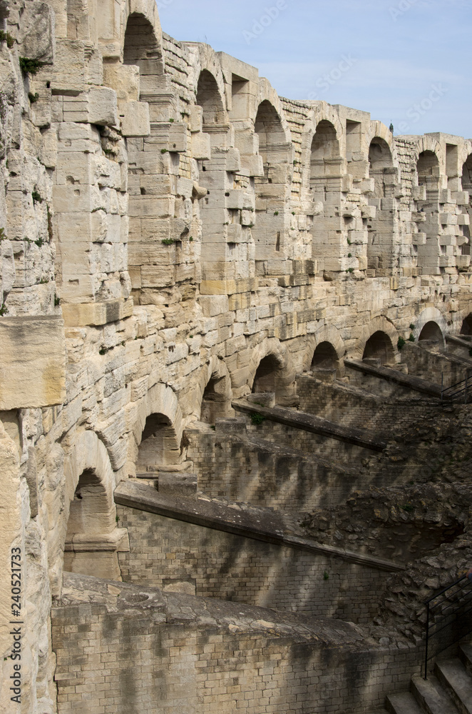 Arles, France - April 29 / 2018 : The view of the interior archs of Arles Amphitheatre 