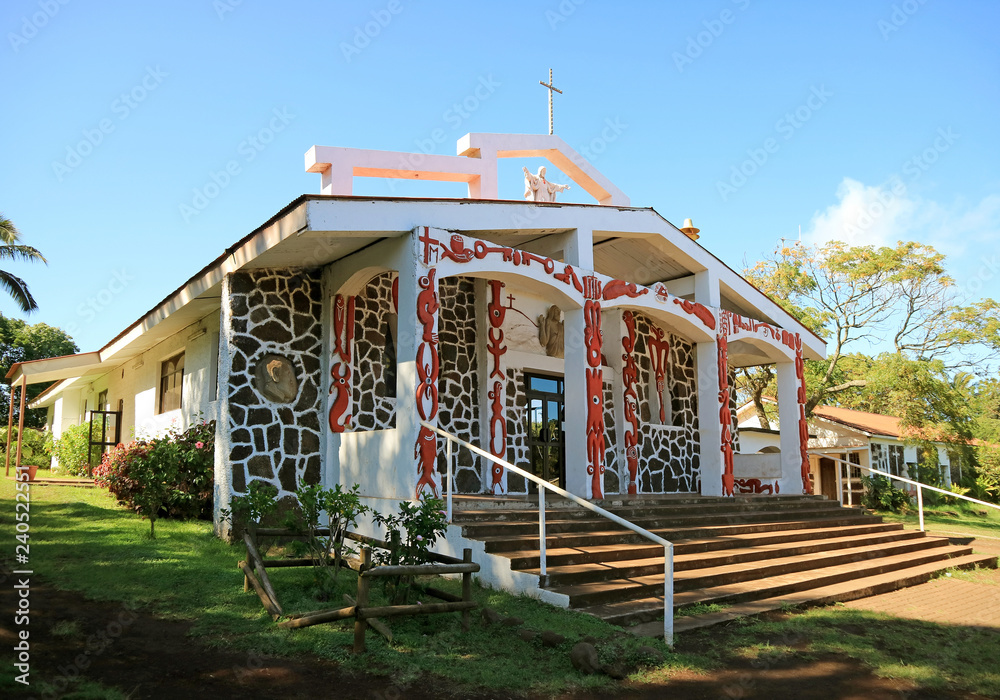 Church of the Holy Cross or Hanga Roa Church, the Only one Catholic Church on the Island, Located on the Te Pito Te Henua Street in the city of Hanga Roa, Easter Island of Chile