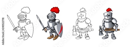 Cartoon medieval confident armed knights, isolated on white background colorings