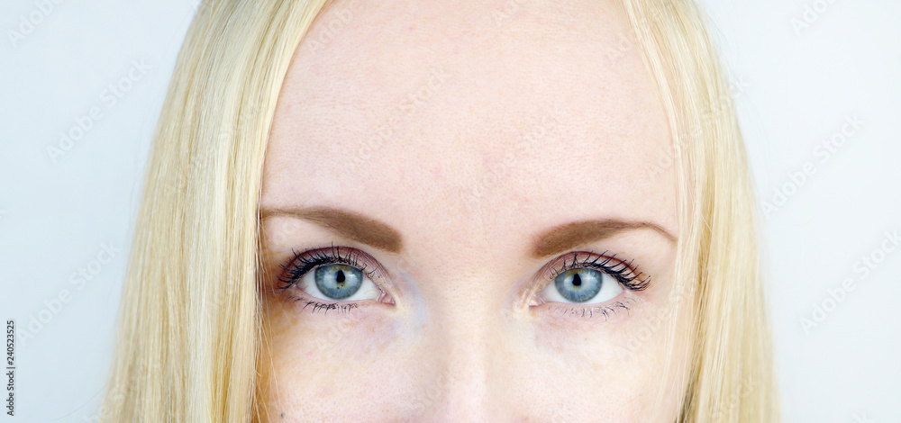 Green eyes of a beautiful girl. White background. Blonde freckles Green eyes of a beautiful girl. White background. Blonde freckles