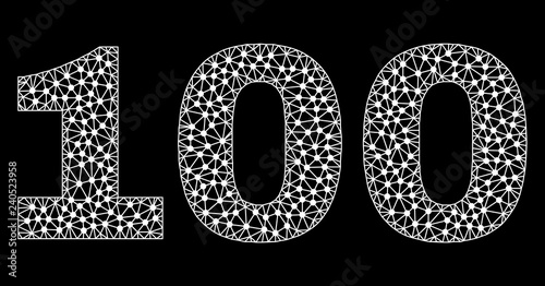 Mesh 100 polygonal text isolated on a black background. 100 name of wire frame build with lines and dots. Letters are triangulated and has white color.
