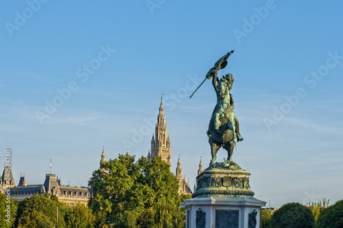 Canvas Print Archduke Charles (Erzherzog Karl) monument and town hall at sunrise, Vienna, Aus