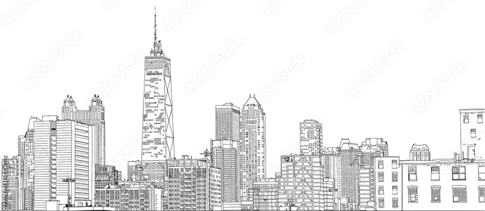 Fototapeta premium Hand drawn vector illustration. Close up of skyscrapers and buildings in the famous Chicago skyline. Detailed ink look.