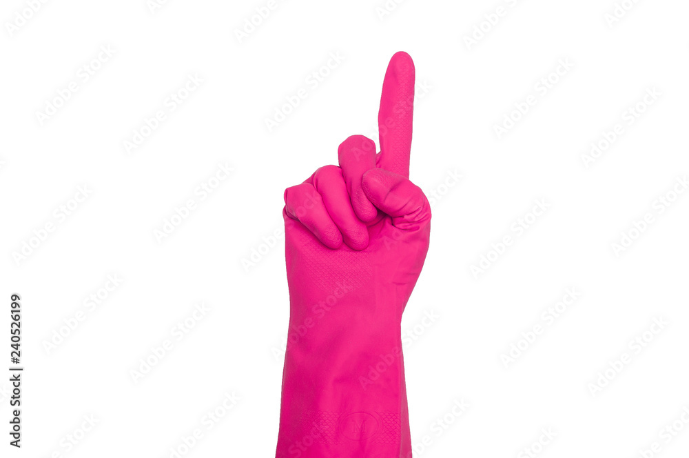 Obraz premium Signs made of pink protective gloves. Fingers symbol one. Isolated on white. The concept of cleanliness and order.