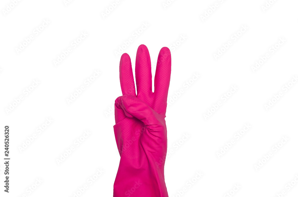 Signs made of pink protective gloves. Fingers symbol three. Isolated on white. The concept of cleanliness and order. Signs made of pink protective gloves. Fingers symbol three. Isolated on white. The concept of cleanliness and order.