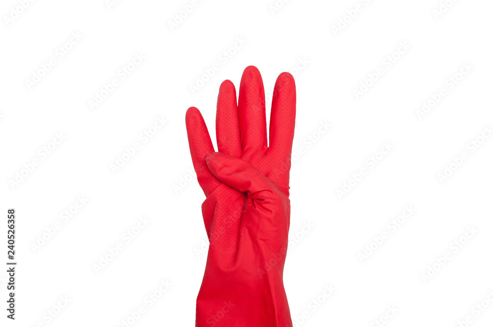 Obraz premium Signs made of red protective gloves. Fingers symbol four. Isolated on white. The concept of cleanliness and order.