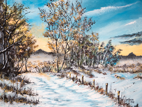 winterlandschaft als Acrylbild, Ölbild mit Schnee und Bäumen in schneebedeckter winterlichen Landschaft mit Bäumen und blauem Himmel