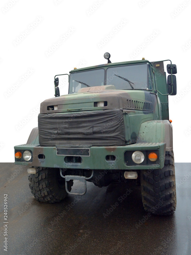 Military vehicle for transportation of soldiers. The machine has a camouflage coloring.