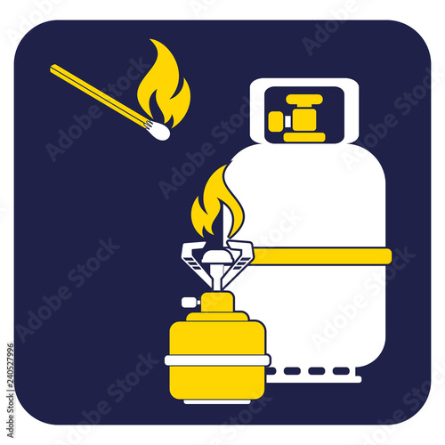 Camping stove with gas bottle icon vector