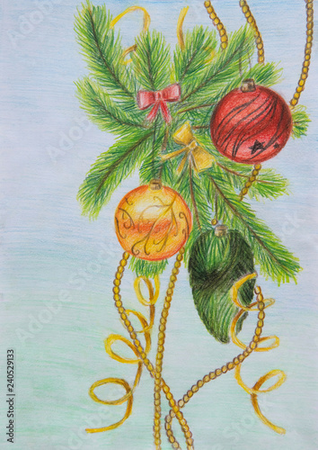Christmas tree branch with toys and a garland pencil drawing by hand