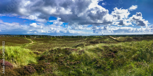 Panorama of the island Sylt, Germany, near Kampen as seen from the Uwe Dune. Kampen is a seaside resort on the island Sylt, in the district of Nordfriesland, Schleswig-Holstein.