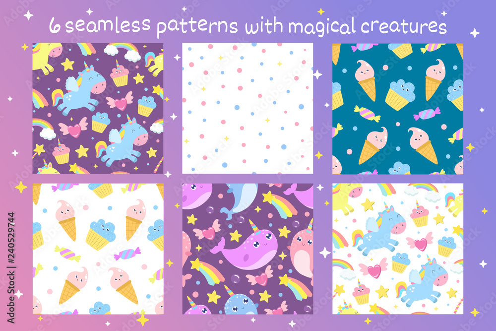 Set of vector seamless patterns with magical creatures