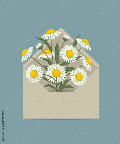 Bouquet of daisies in the postal envelope. Flower delivery concept. Floral composition. Vector illustration on a blue background