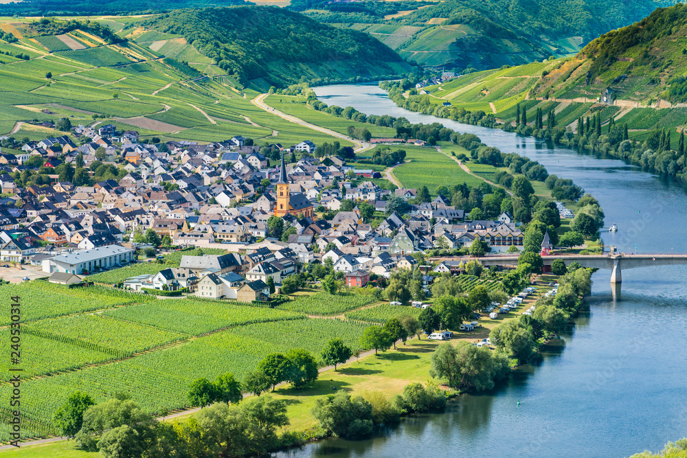 The river Moselle forming a tight bend around the town of Trittenheim, Germany. Having been founded as a Frankish settlement in 893, nowadays Trittenheim is characterized considerably by winegrowing.
