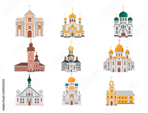 Cartoon set of churches with different denominations