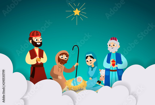 Three magic kings of orient bringing presents to Christ crafted paper cut