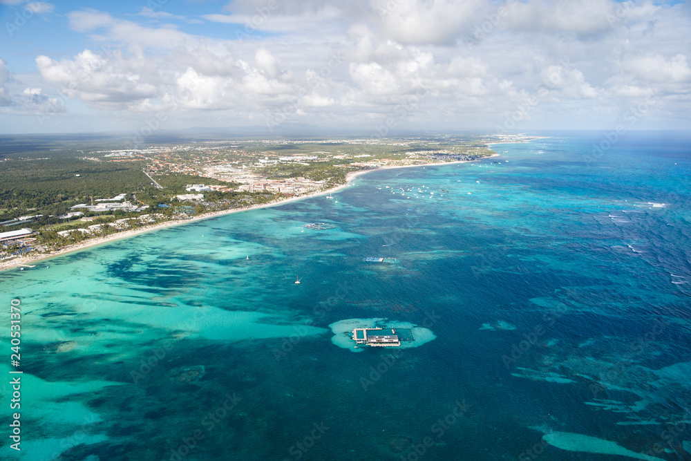 View from the cabin of the helicopter on the coast of the Dominican Republic