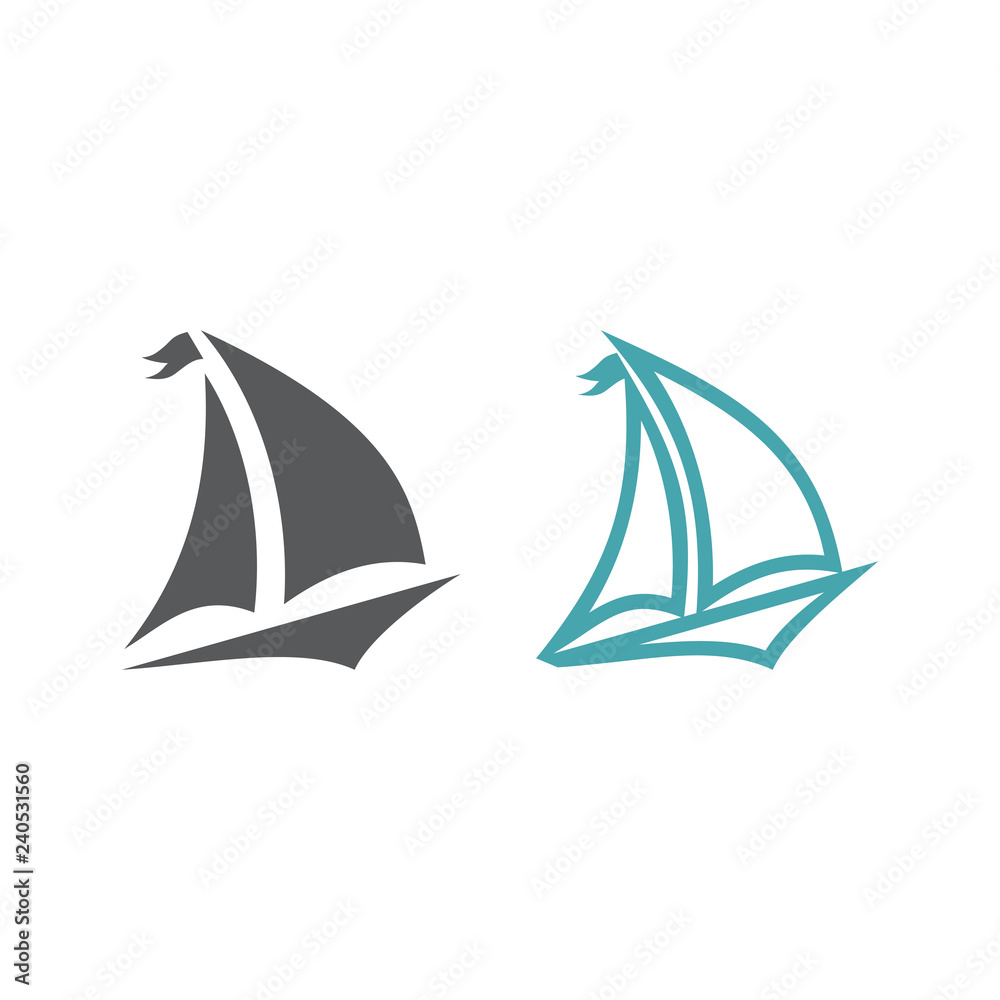 Two vector illustrations the ship with a sail. Set of vector symbols. Rest on the yacht under sails. Flat design Monohrome