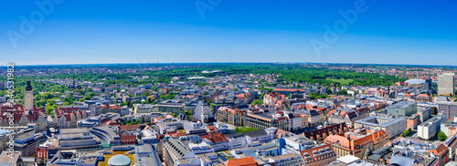 Aerial panoramic view of Leipzig, Germany, on a sunny day.